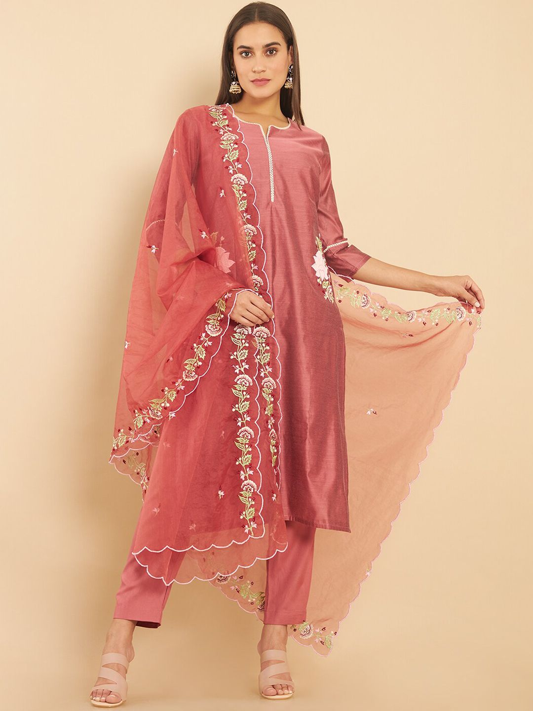 Soch Women Coral Floral Embroidered Thread Work Kurta with Trousers & Dupatta Price in India