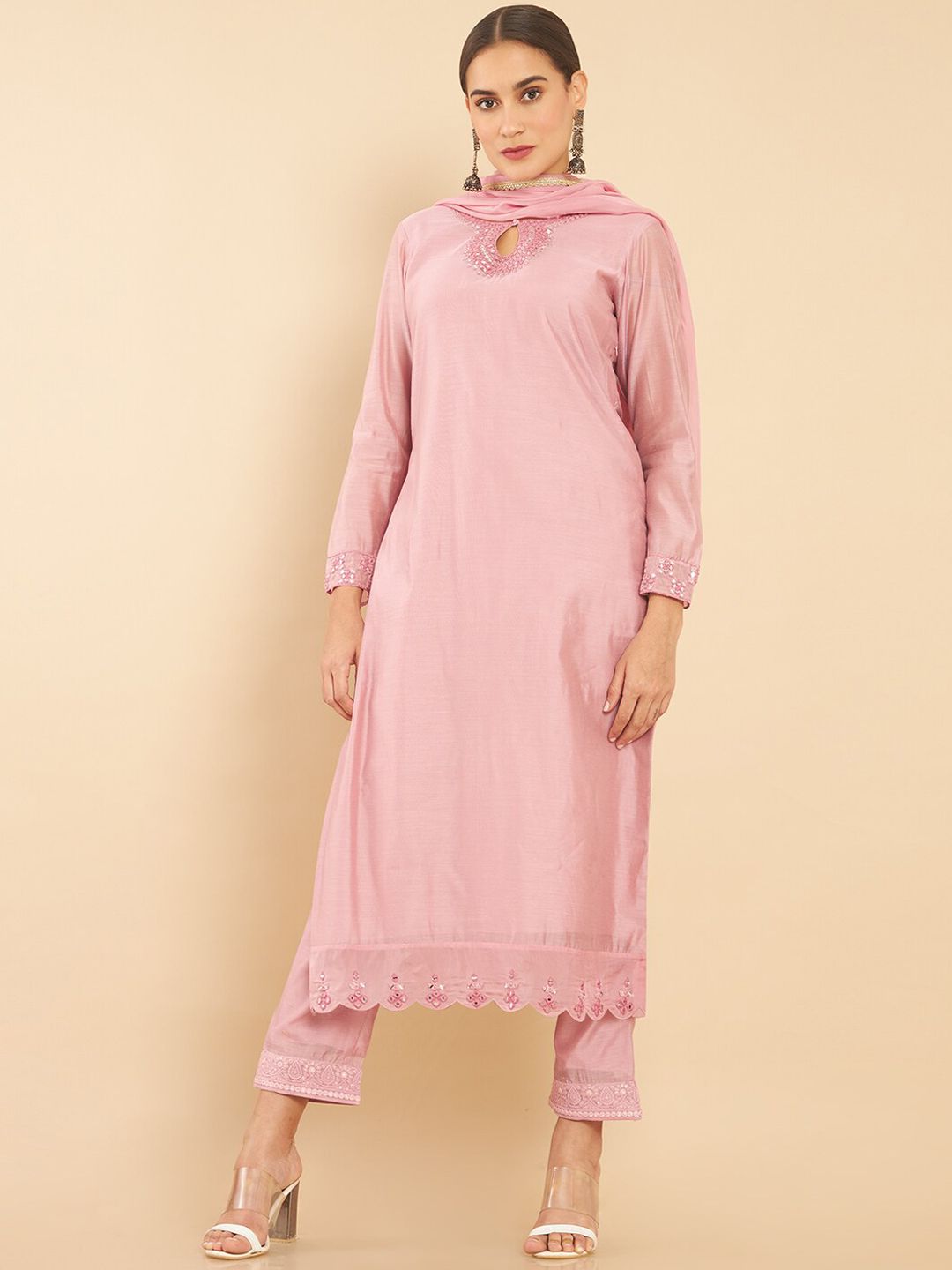 Soch Women Pink Embroidered Layered Kurta with Trousers & With Dupatta Price in India