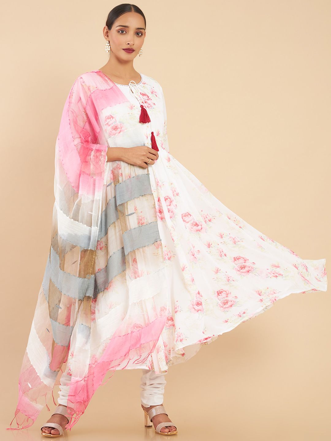 Soch Women White Floral Printed Empire Kurta with Churidar & With Dupatta Price in India