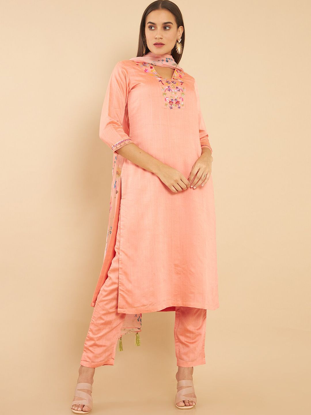 Soch Women Peach-Coloured Floral Yoke Design Kurta with Trousers & Dupatta Price in India