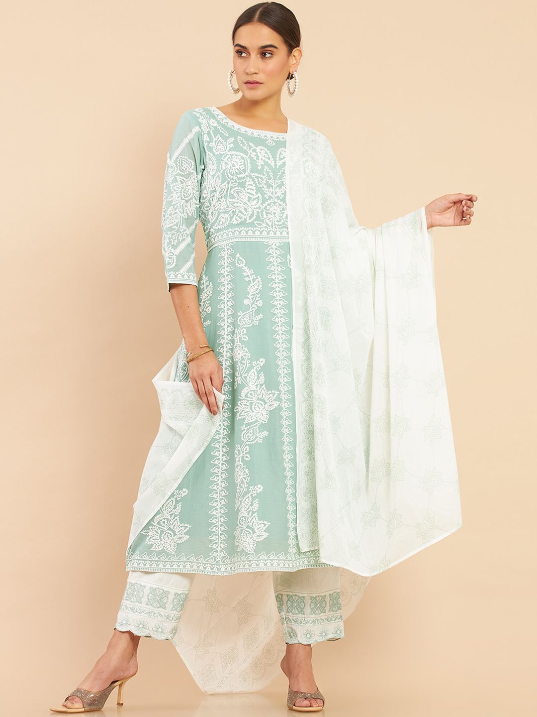 Soch Women Green Floral Embroidered Empire Thread Work Pure Cotton Kurta with Trousers & With Dupatta Price in India