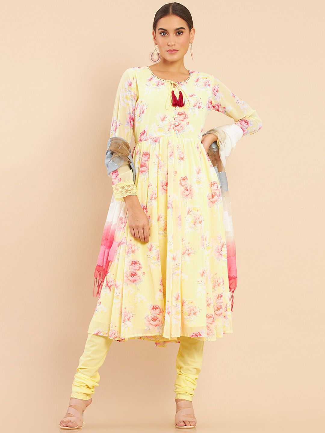 Soch Women Yellow Floral Printed Empire Kurta with Churidar & With Dupatta Price in India