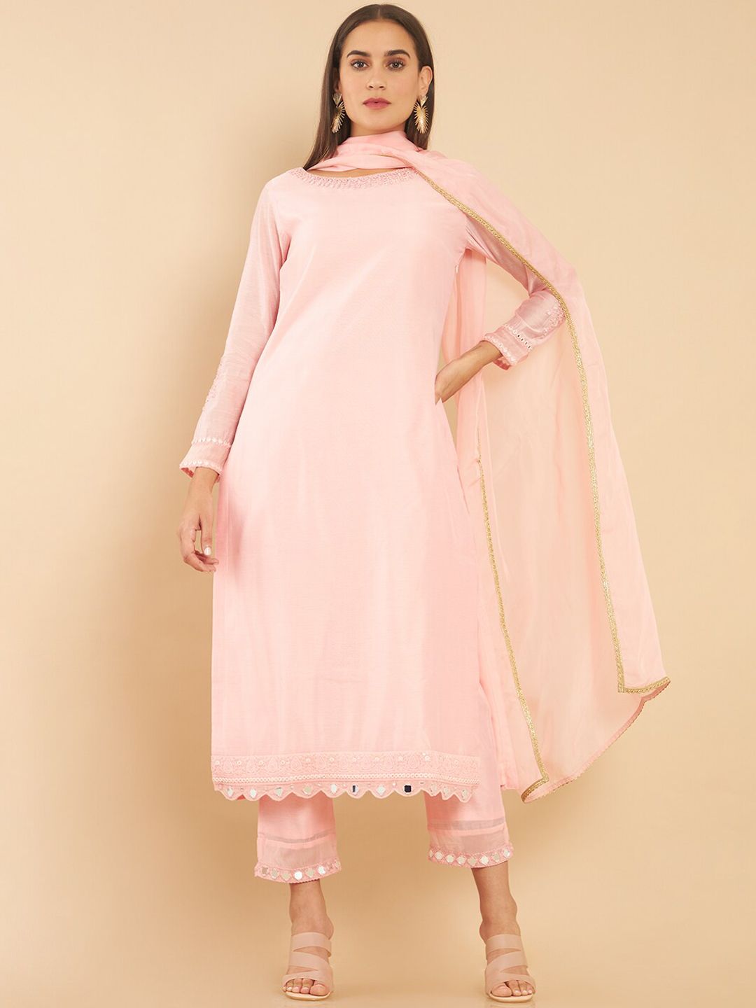 Soch Women Pink Angrakha Kurti With Trousers & Dupatta Price in India