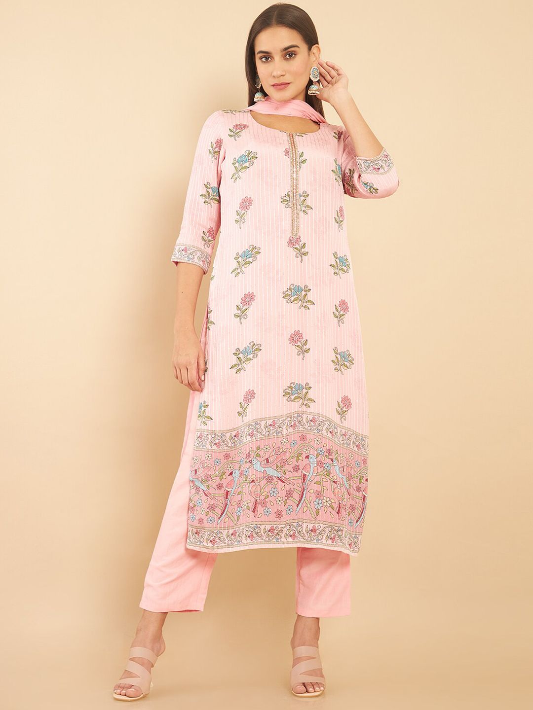 Soch Women Pink Floral Embroidered Kurta with Trousers & With Dupatta Price in India