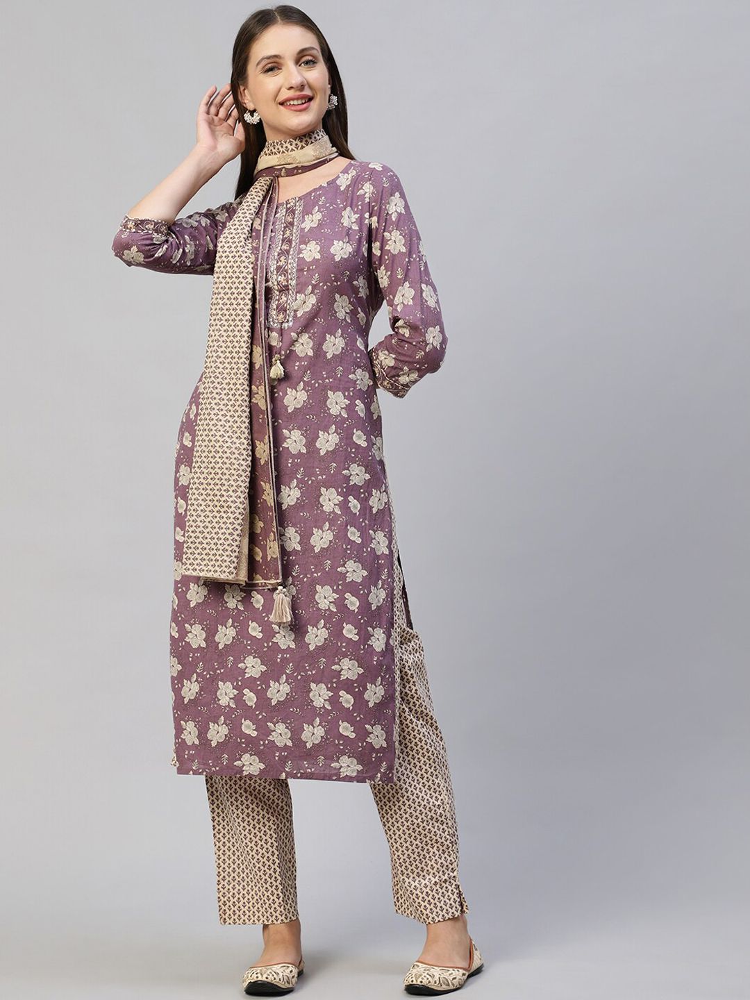 FASHOR Women Mauve Tribal Layered Sequinned Kurti with Trousers & With Dupatta Price in India