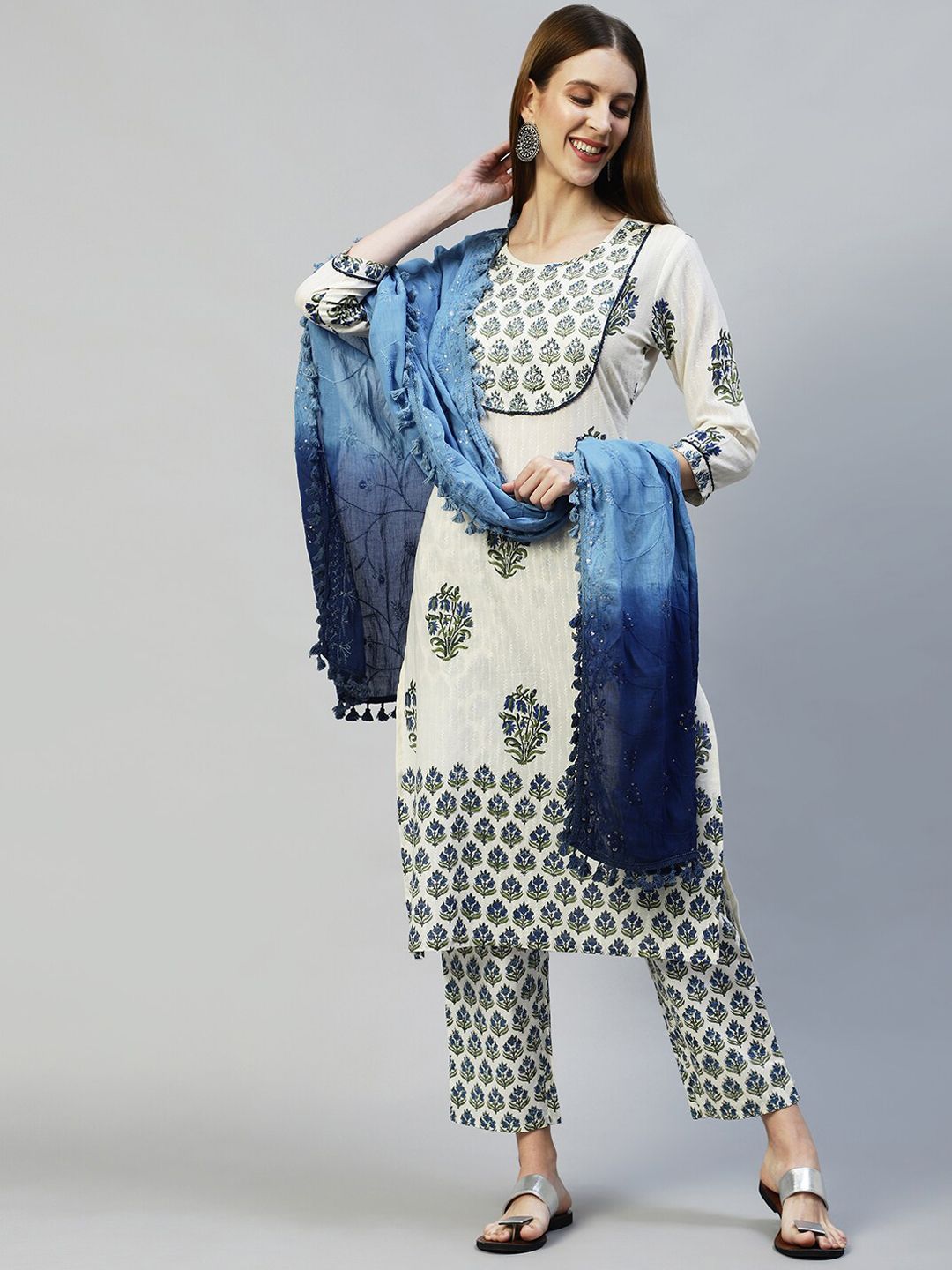 FASHOR Women Off White Ethnic Motifs Printed Pure Cotton Kurta with Trousers & Dupatta Price in India