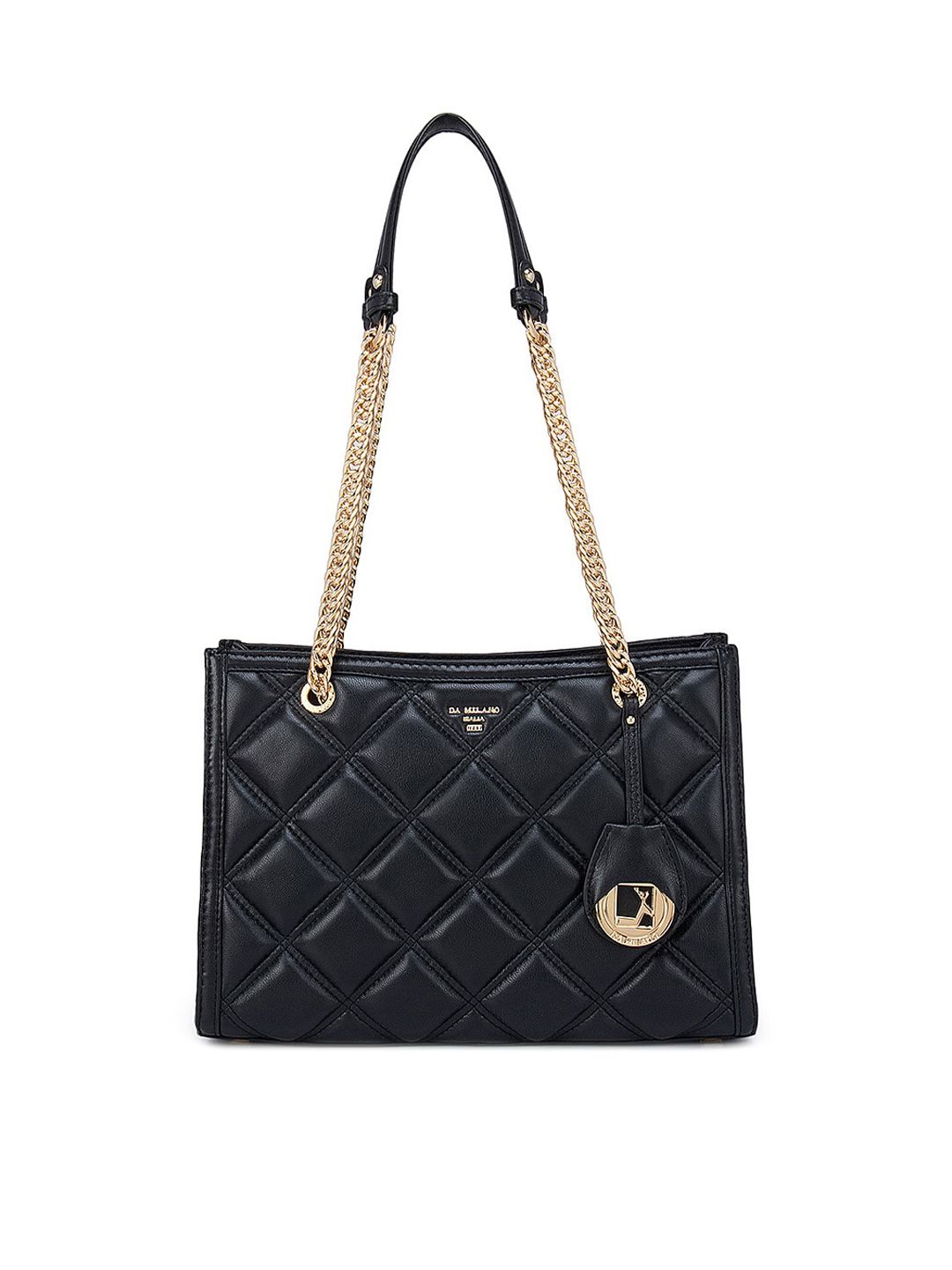 Da Milano Black Textured Leather Structured Shoulder Bag with Quilted Detail Price in India