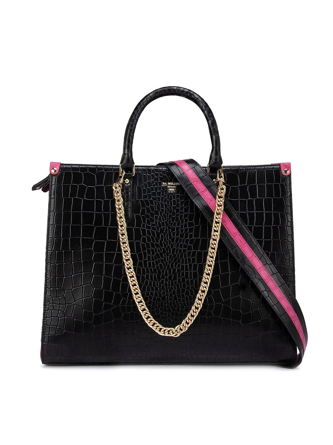 Da Milano Black Textured Leather Shopper Handheld Bag Price in India