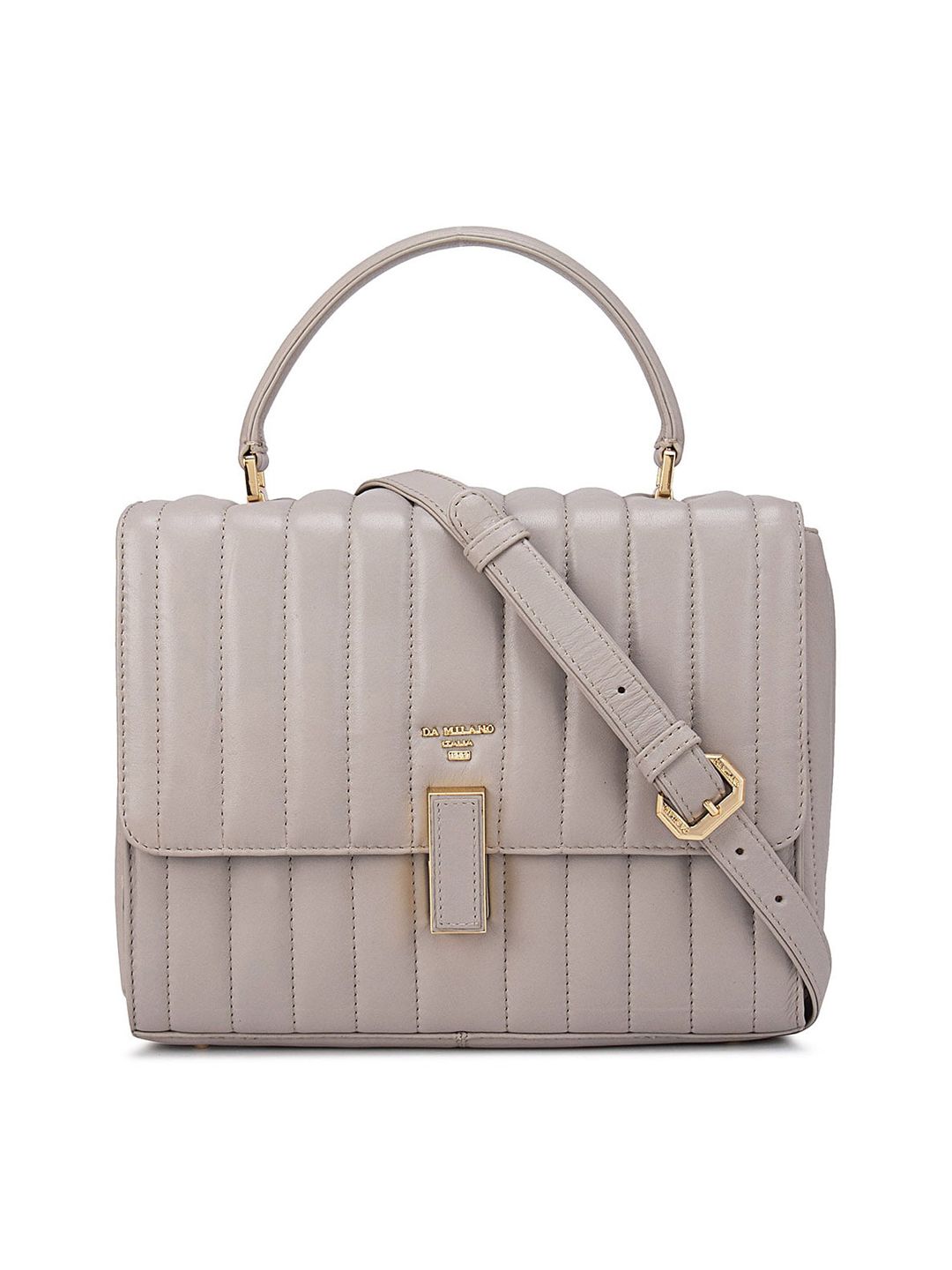 Da Milano Beige Textured Leather Oversized Structured Satchel with Quilted Price in India