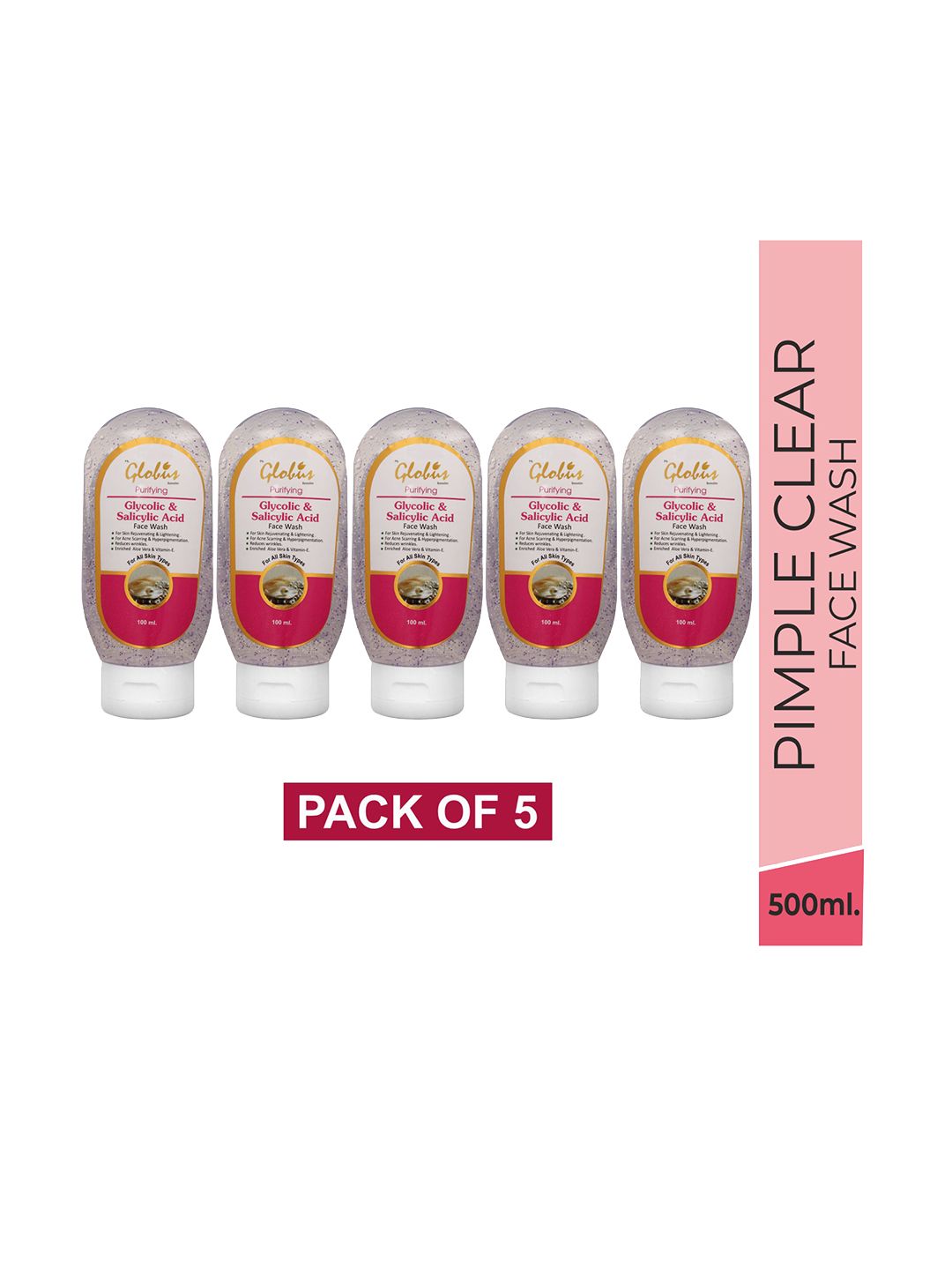 Globus Remedies Set of 5 Glycolic & Salicylic Acid Pimple Clear Face Wash - 100ml each