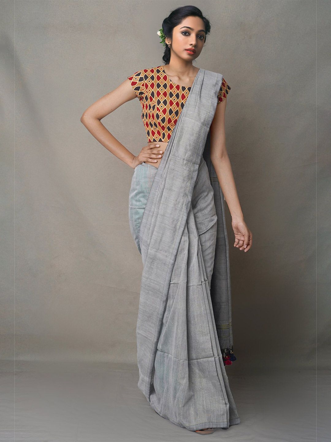 Unnati Silks Grey & White Striped Pure Linen Jamdani Saree Price in India