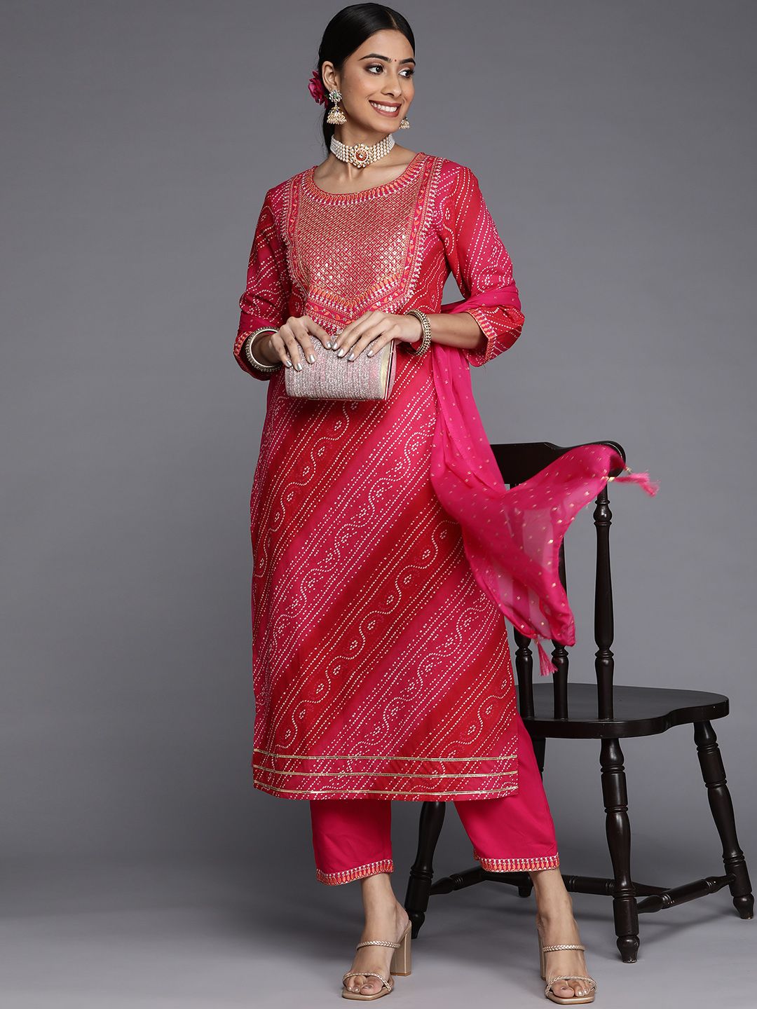 Varanga Women Pink Yoke Design Sequinned Pure Cotton Kurta with Trousers & With Dupatta Price in India