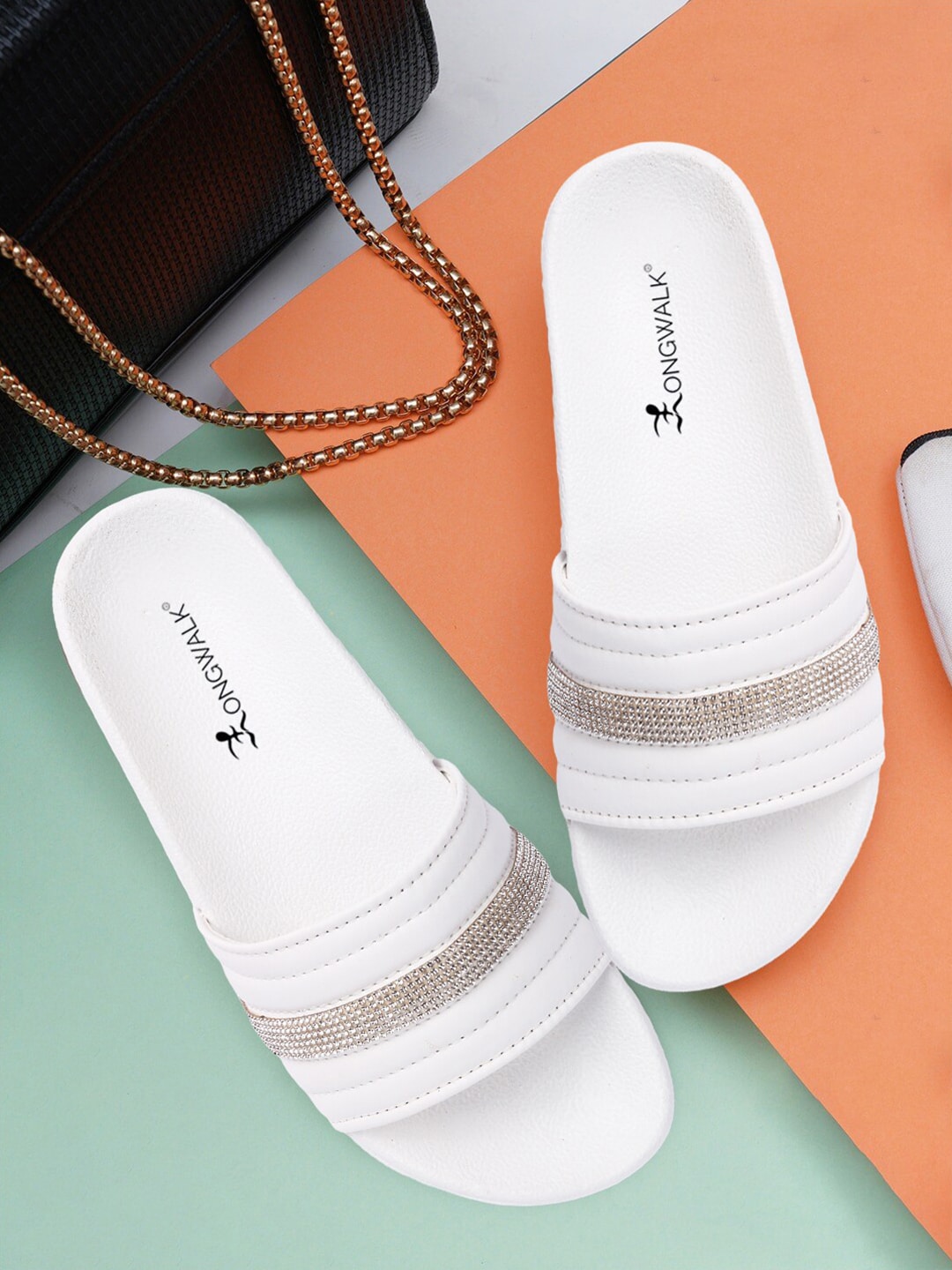 Longwalk Women White Embellished Flatform Sandals Price in India