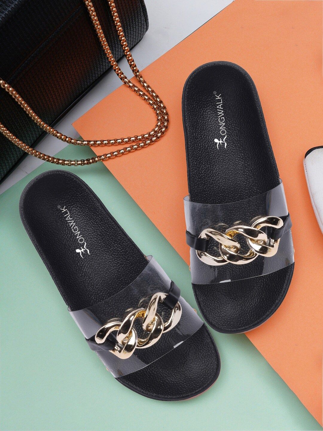 Longwalk Black & Gold-Toned Embellished Flatform Sandals Price in India