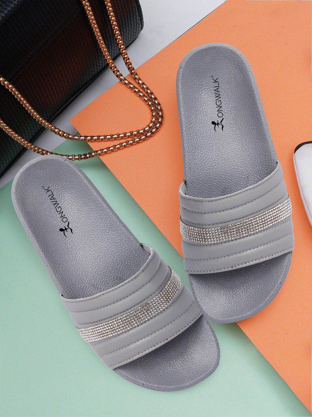 Longwalk Women Grey Rubber Sliders Price in India