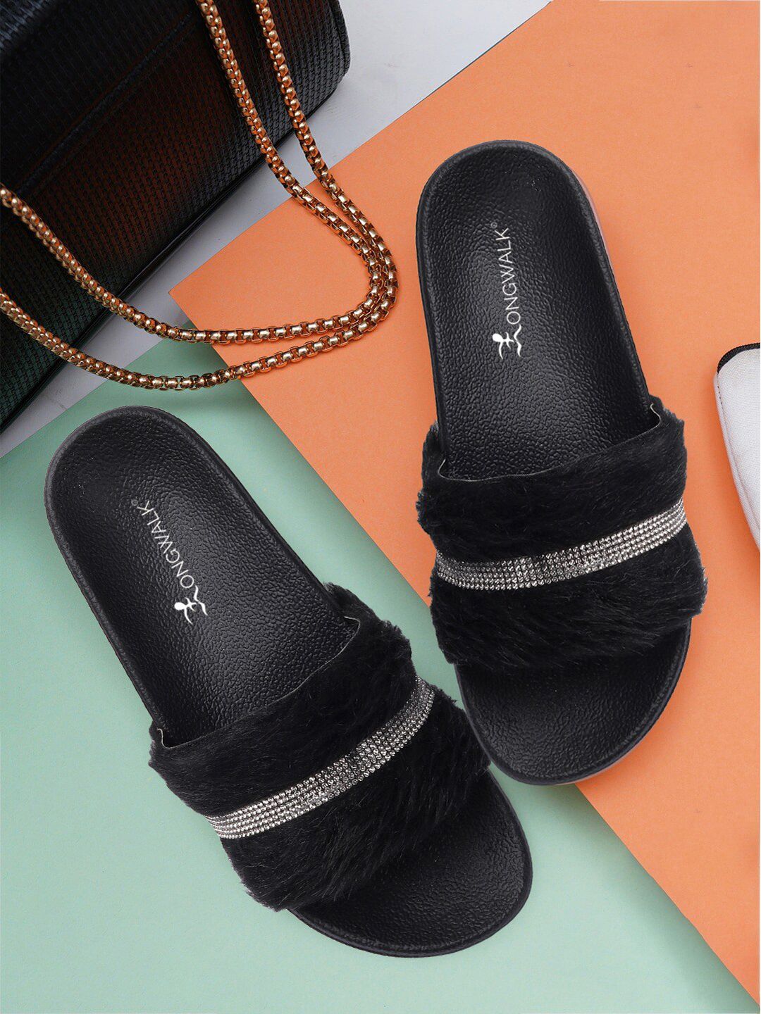 Longwalk Women Black Fur Heels Sliders Price in India