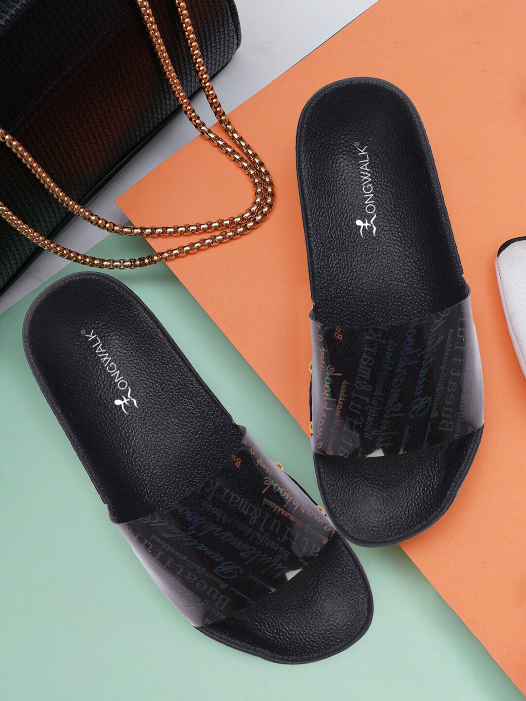Longwalk Black & Transparent Printed Flatform Sandals Price in India