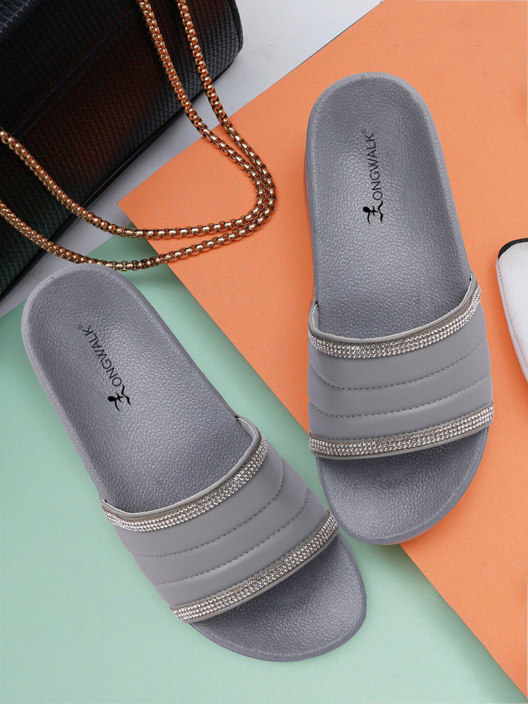 Longwalk Grey Embellished Flatform Sandals Price in India