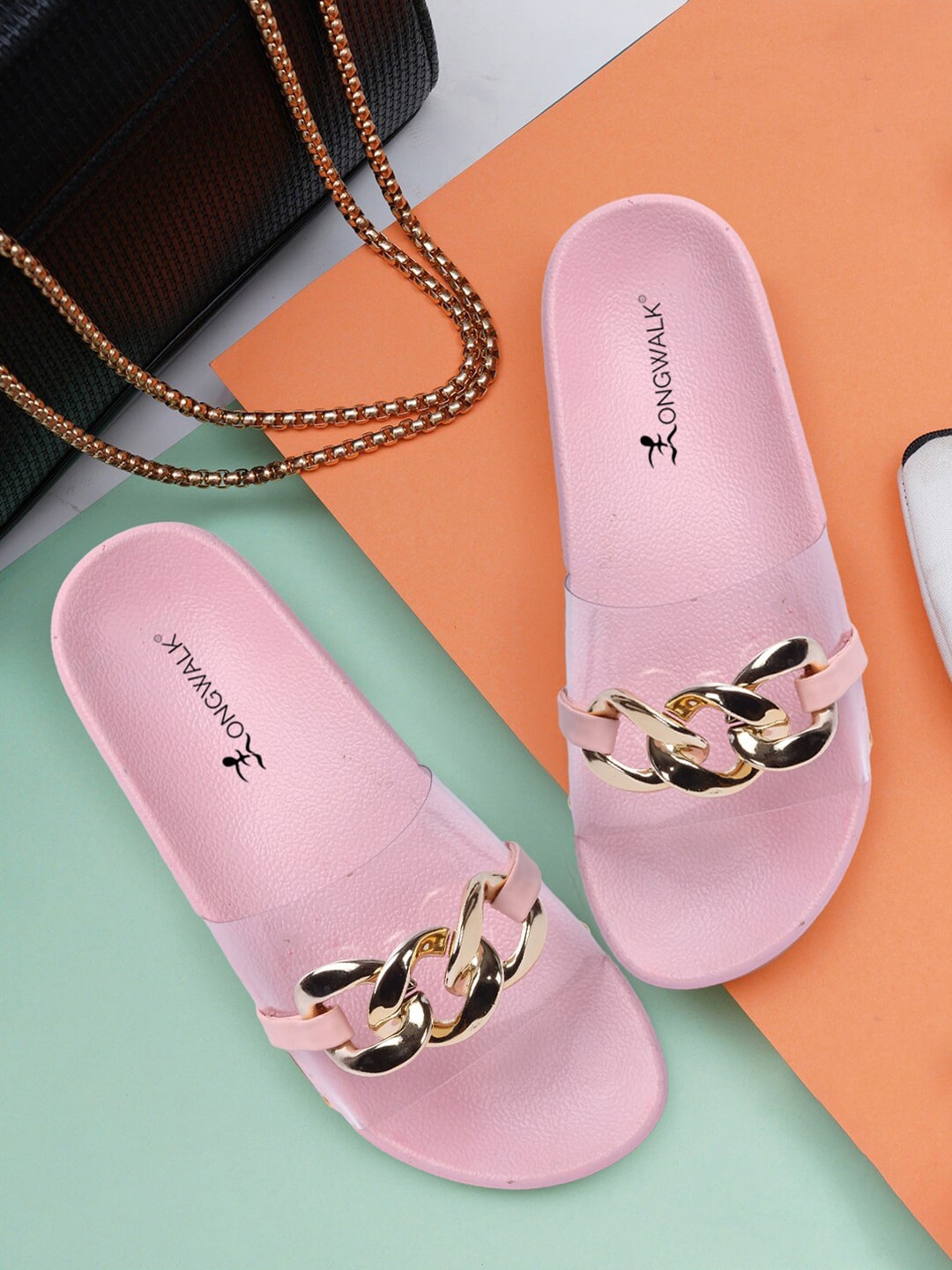 Longwalk Pink & Gold-Toned Embellished Flatform Sandals Price in India