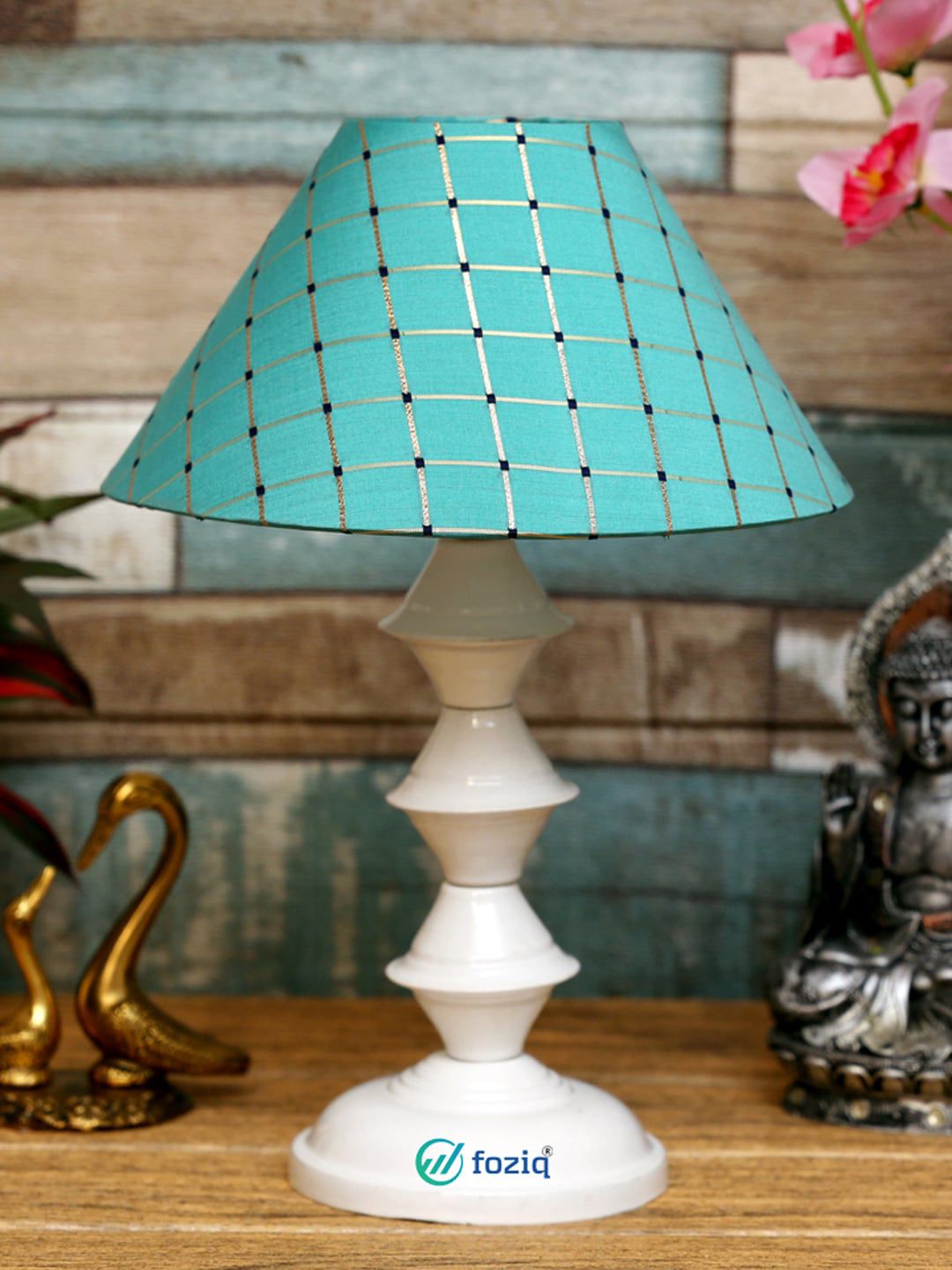 foziq White & Blue Printed Country Table Lamp Price in India