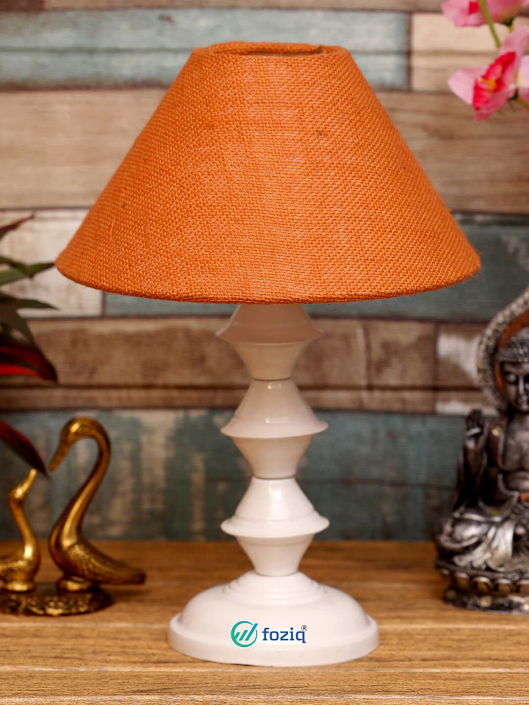 foziq White & Orange Textured Frustum Table Lamp Price in India
