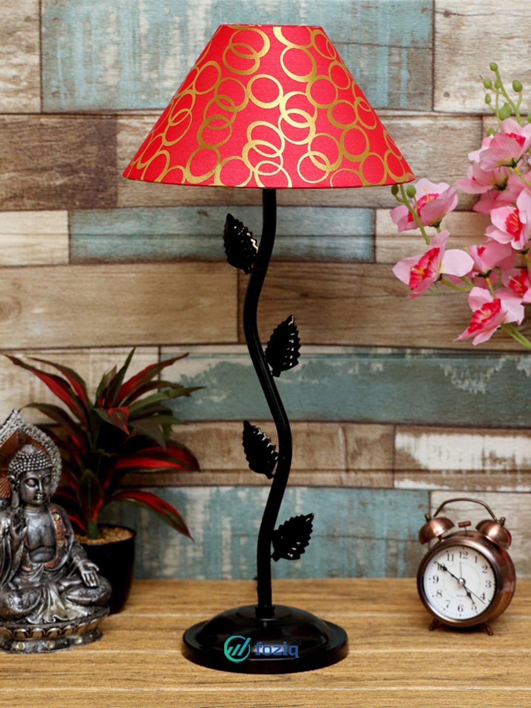 foziq Black & Red Printed Frustum Table Lamp With Shade Price in India