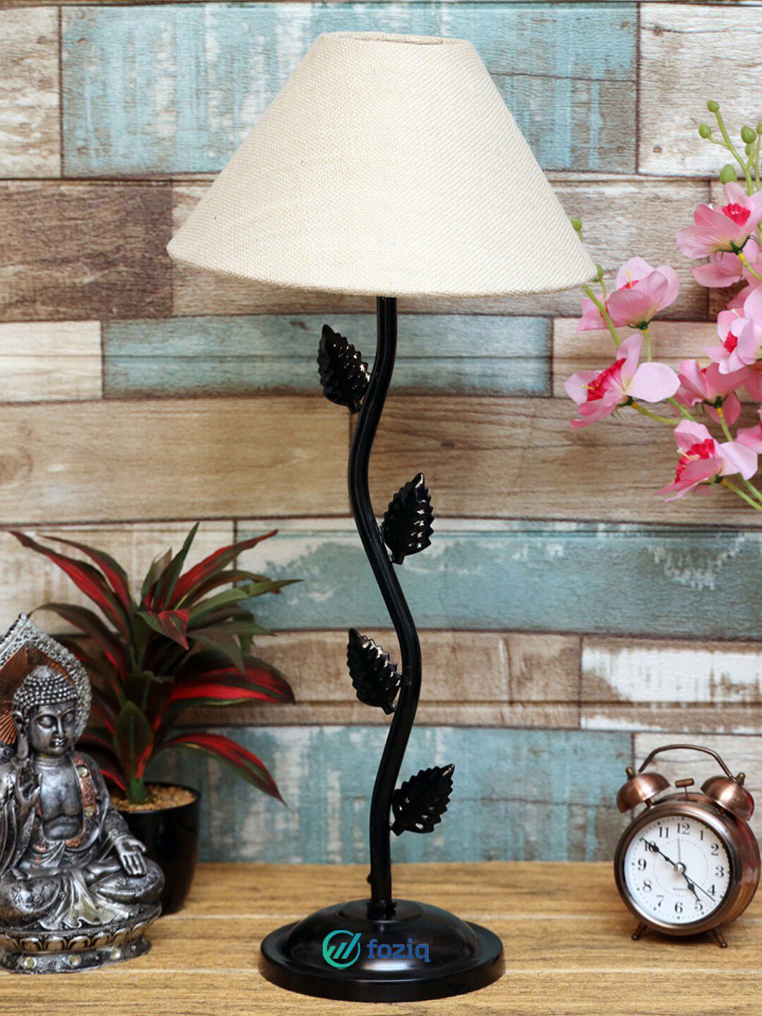 foziq Black & Off-White Textured Table Lamp Price in India