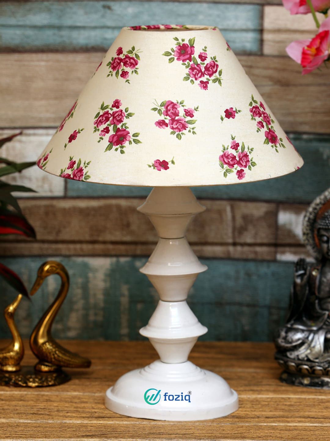 Foziq White & Pink Printed Country Table Lamp Price in India