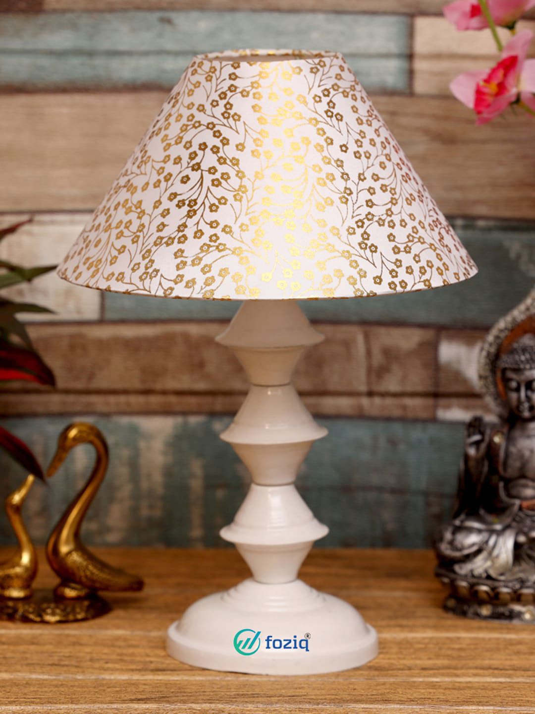 foziq Adults White & Gold-Toned Printed Table Lamp Price in India