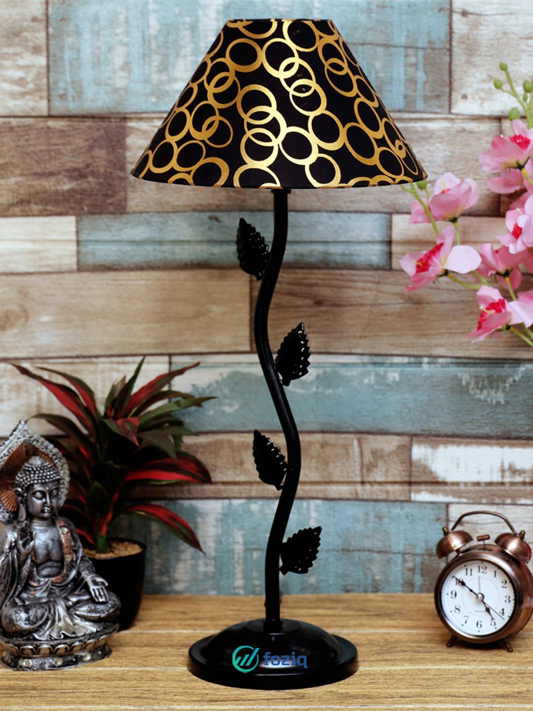 foziq Adults Black & Gold Toned Printed Table Lamp Price in India