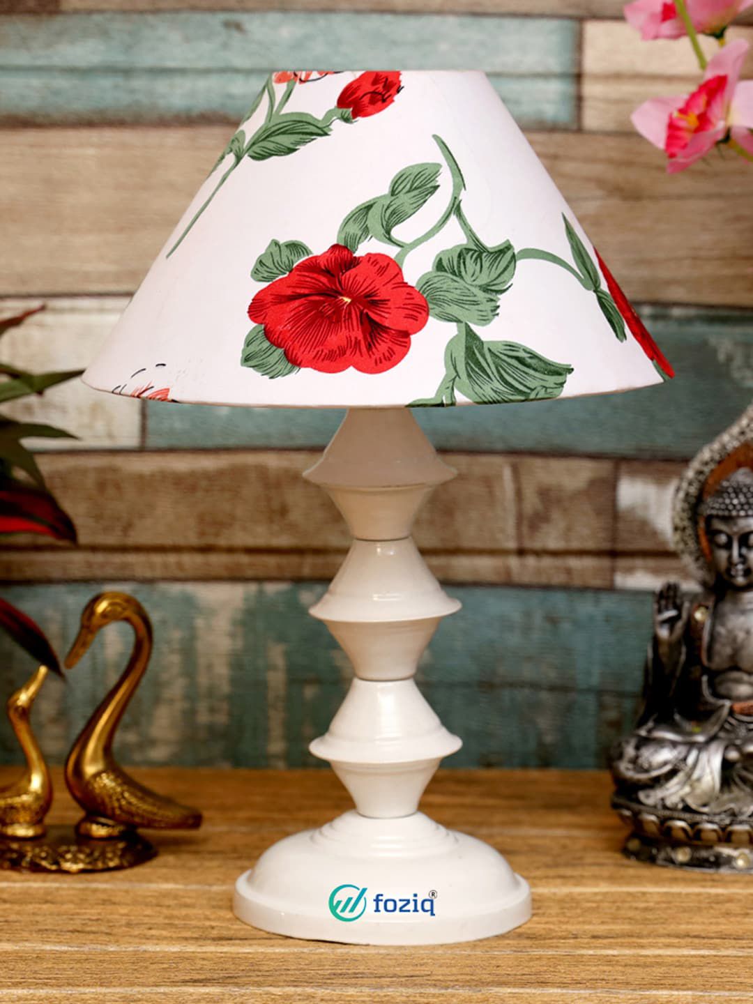 foziq White & Red Floral Printed Table Lamp Price in India