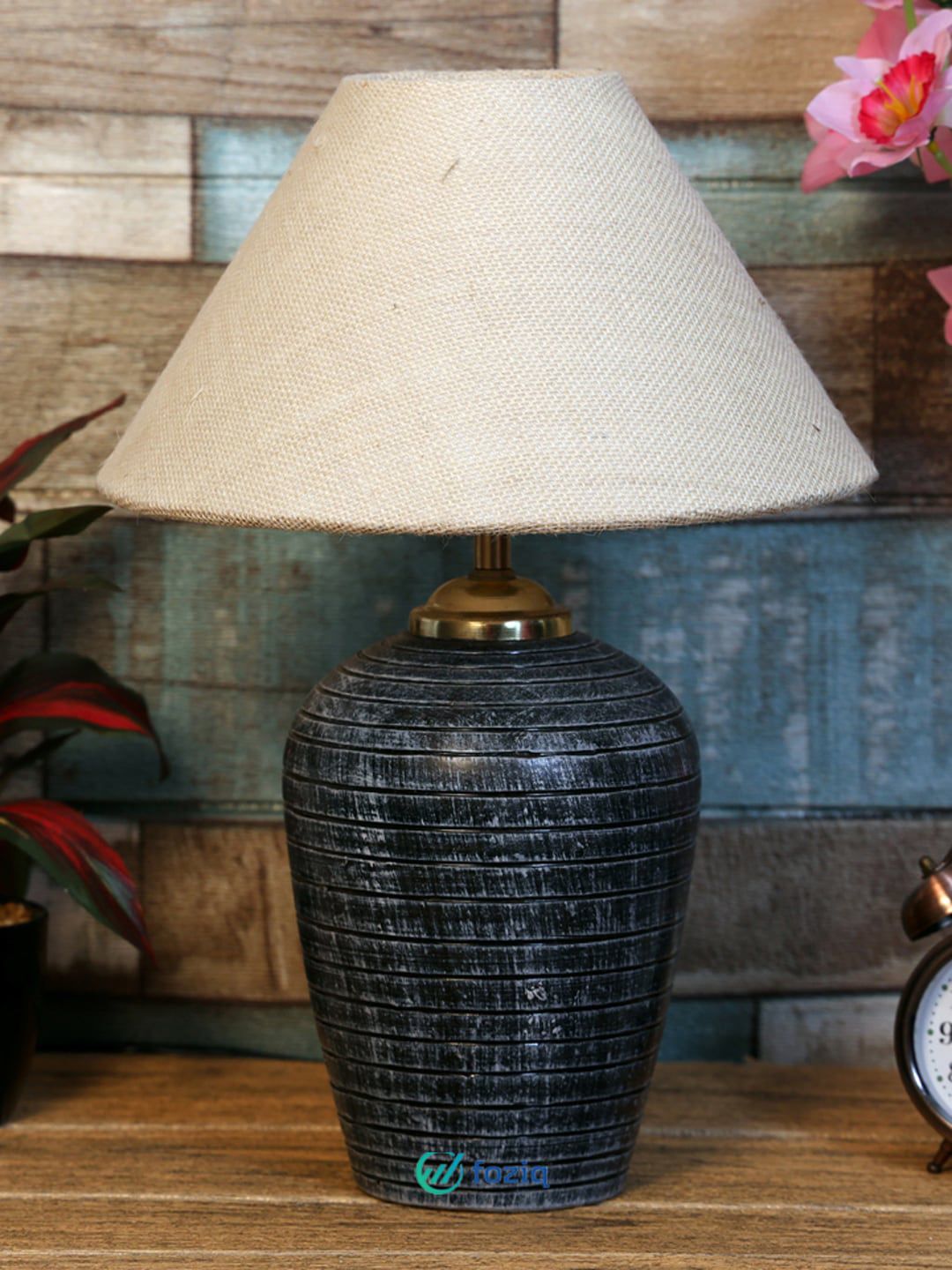 foziq Grey & Off White Textured Country Table Lamp Price in India