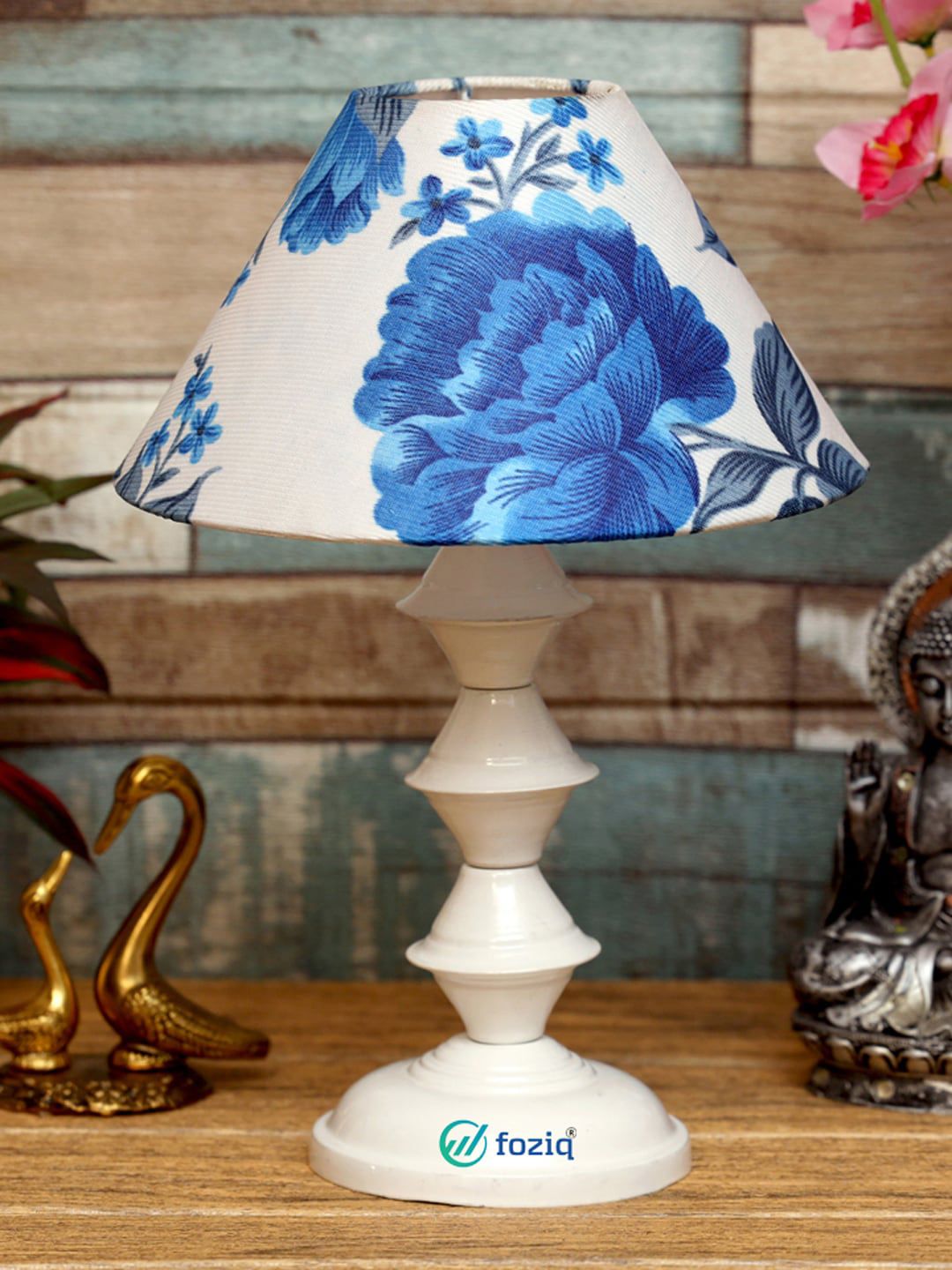 foziq White & Blue Printed Table Lamps Price in India
