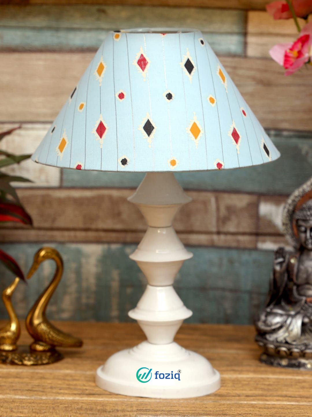 foziq White & Blue Printed Table Lamp Price in India
