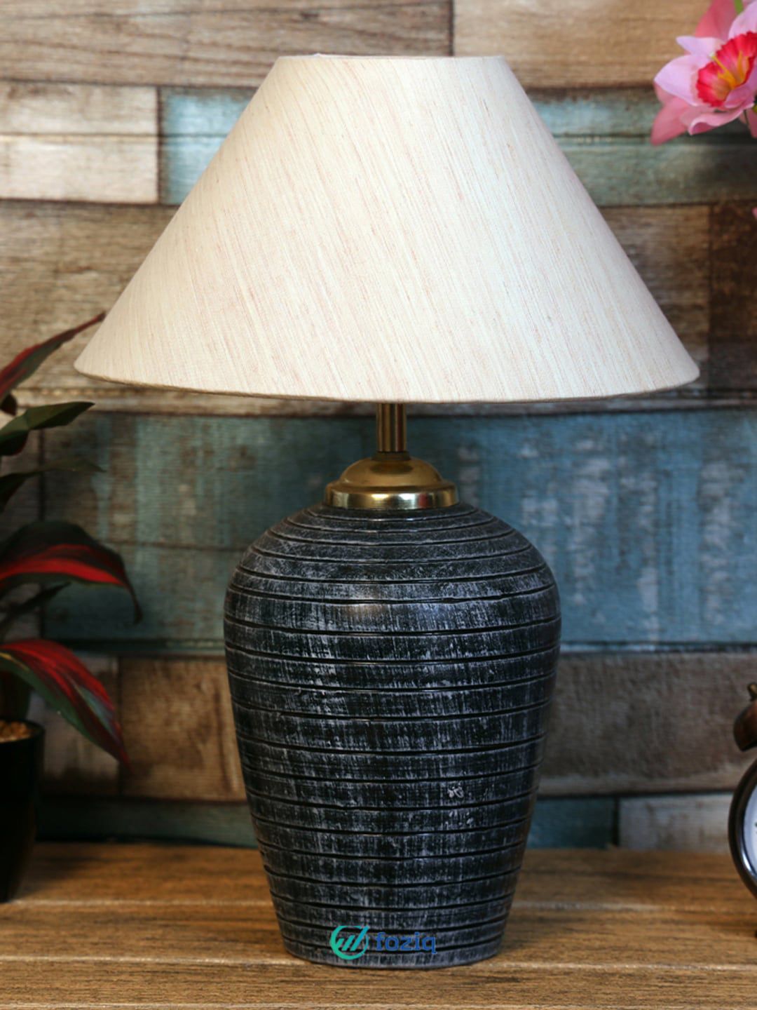 foziq Grey & Off-White Textured Table Lamp Price in India