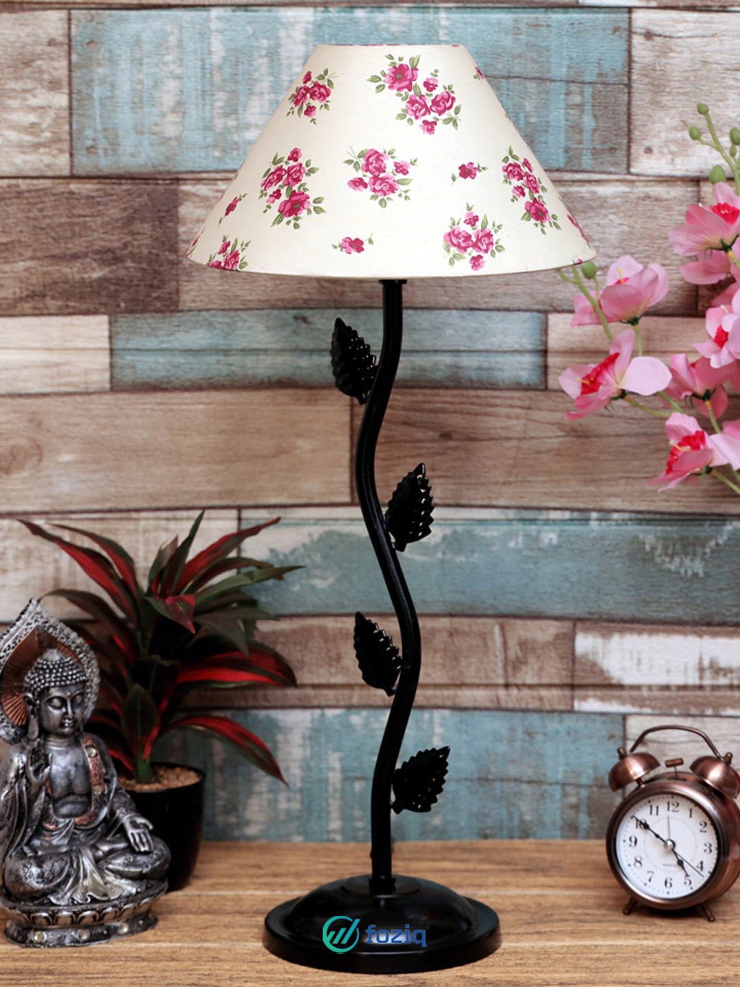 foziq Black & Pink Printed Metal Table Lamp Price in India