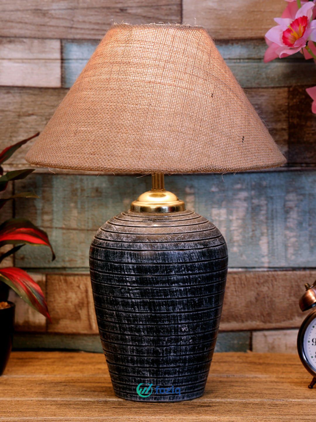 foziq Grey & Beige Textured Table Lamp Price in India