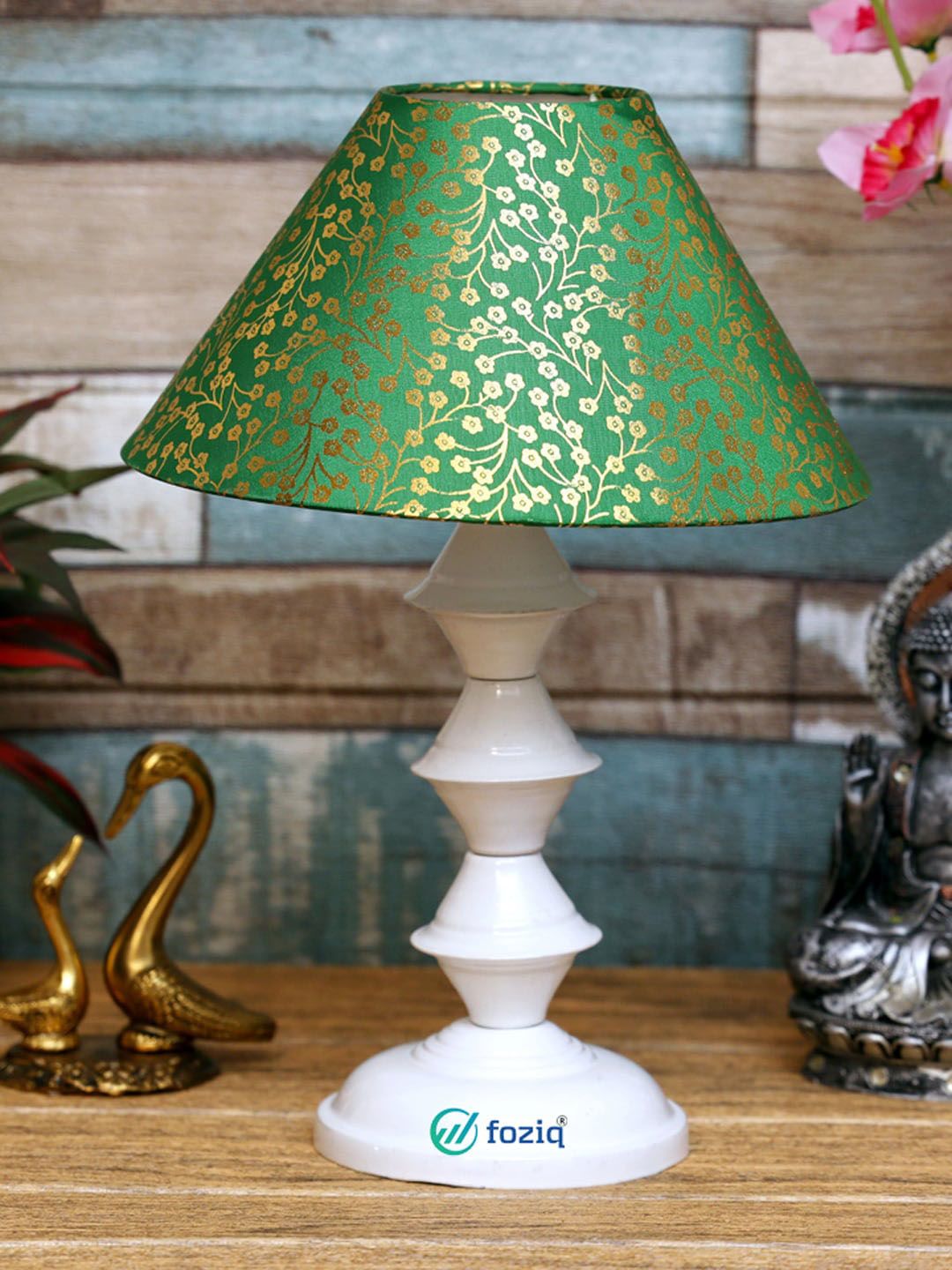 foziq White & Green Gold Floral Printed Contemporary Table Lamp Price in India