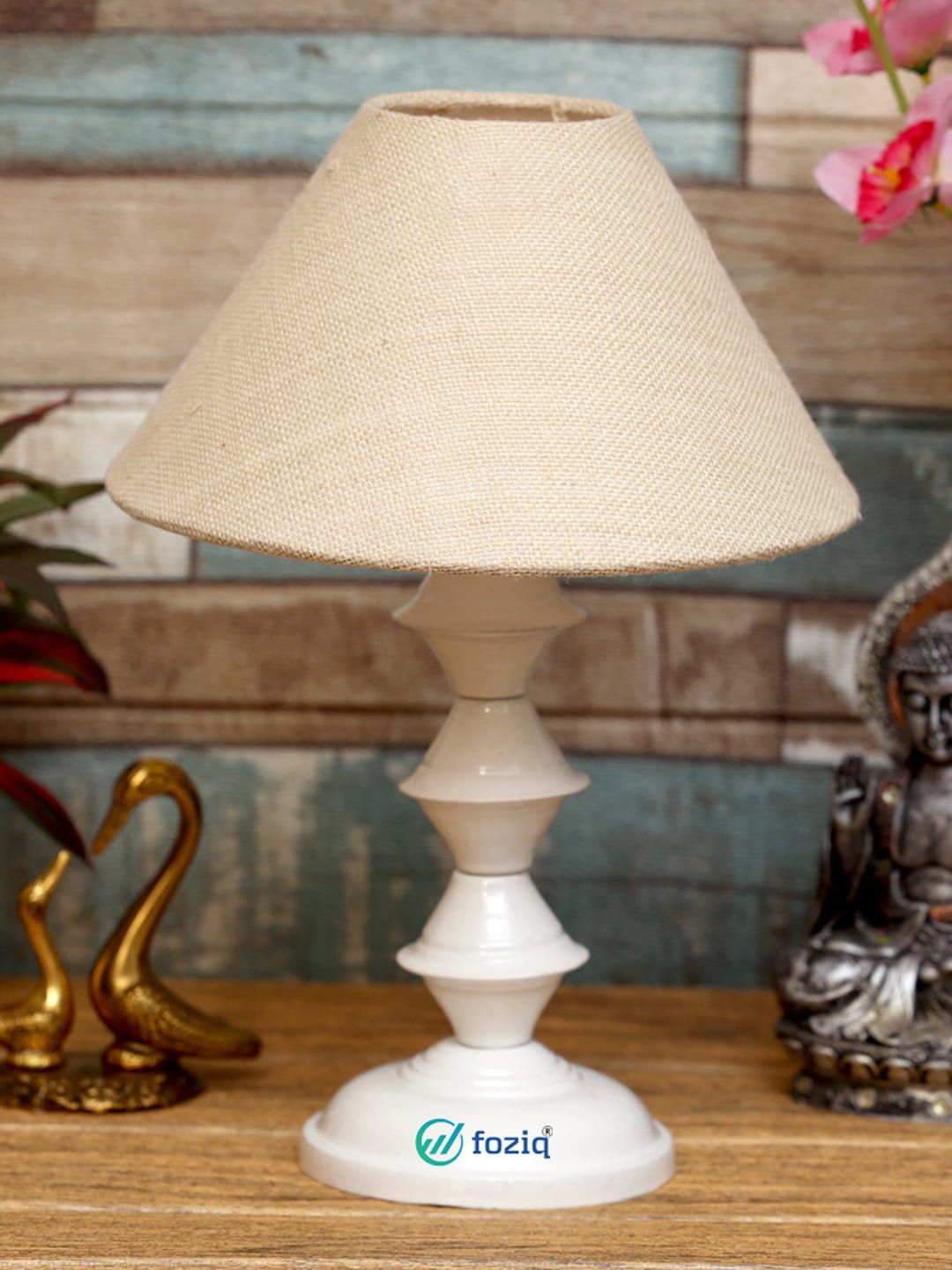 foziq White & Beige Solid Textured Bell Shaped Table Lamp Price in India