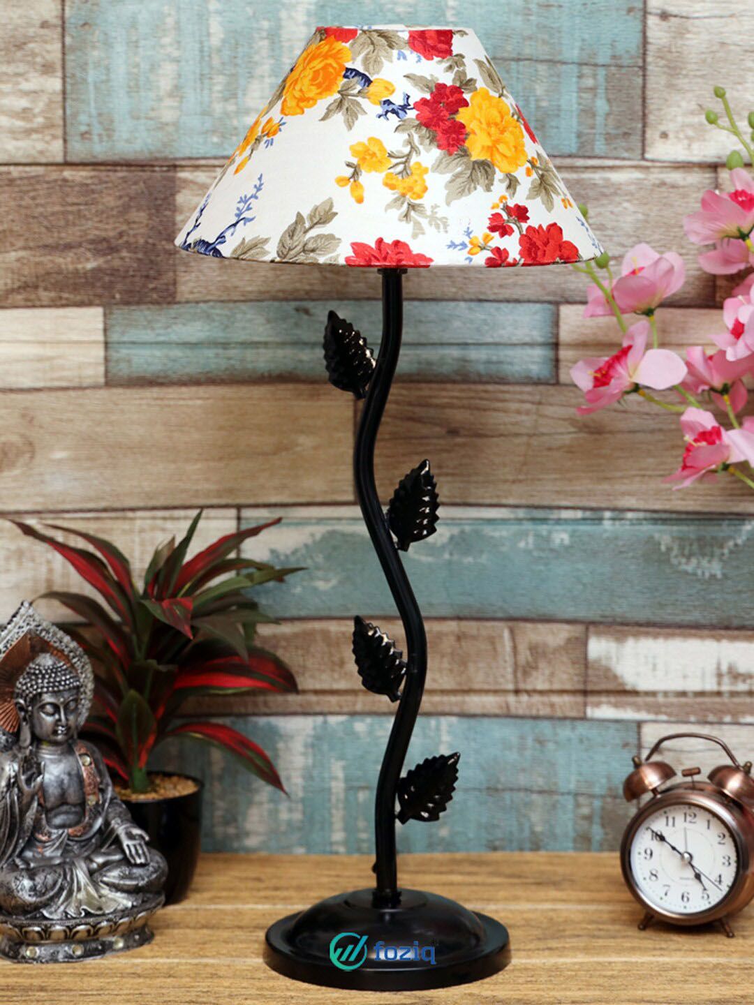 foziq Black & White Floral Printed Metal Table Lamp Price in India