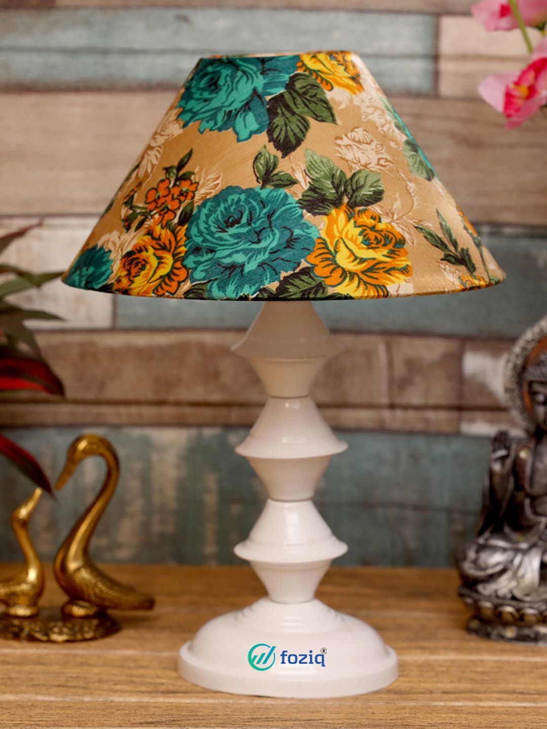 foziq White & Peach Printed Bell Table Lamps Price in India