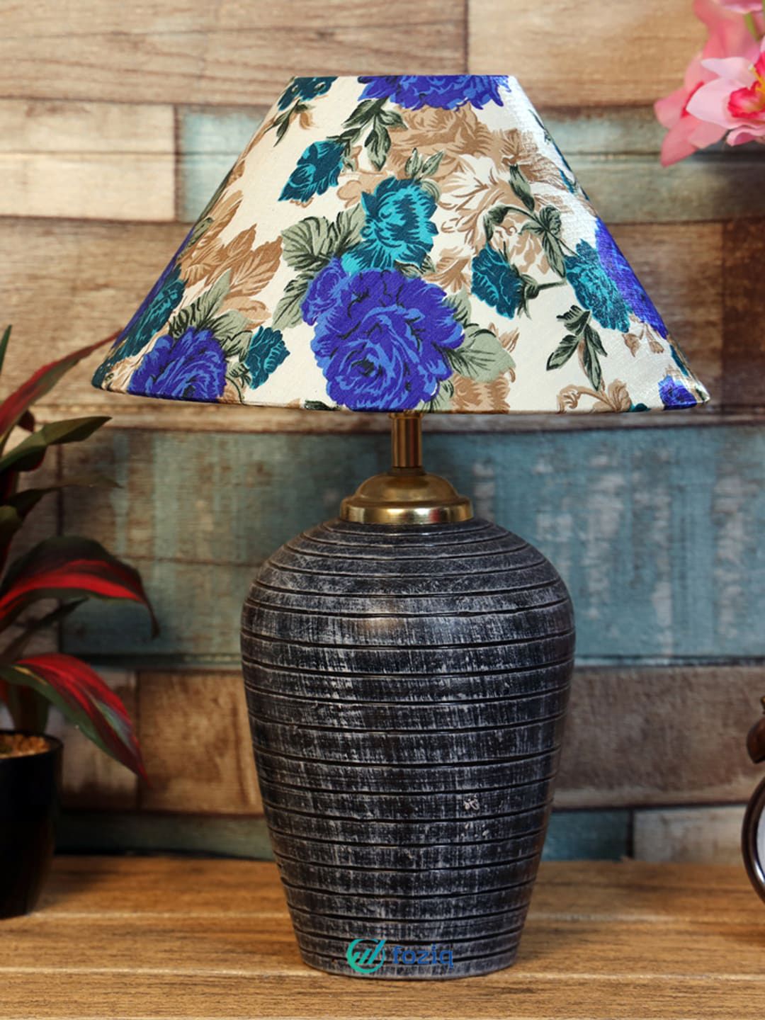 foziq Grey & Blue Printed Bell Table Lamps Price in India
