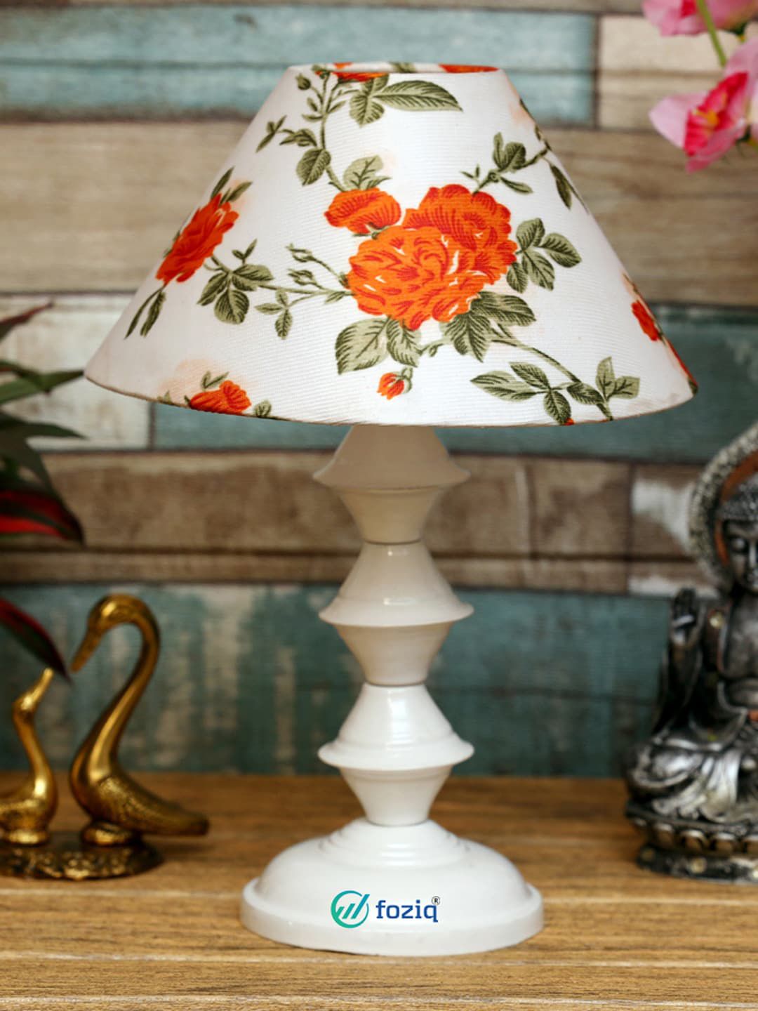foziq White & Orange Printed Contemporary Bell Table Lamp With Shade Price in India
