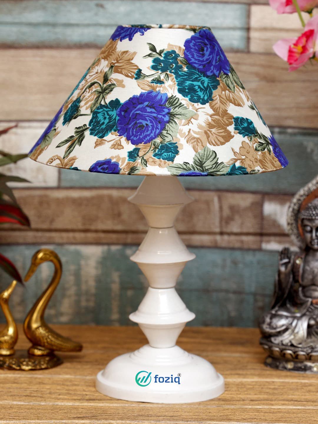 foziq White & Blue Printed Metal Bell Table Lamps Price in India