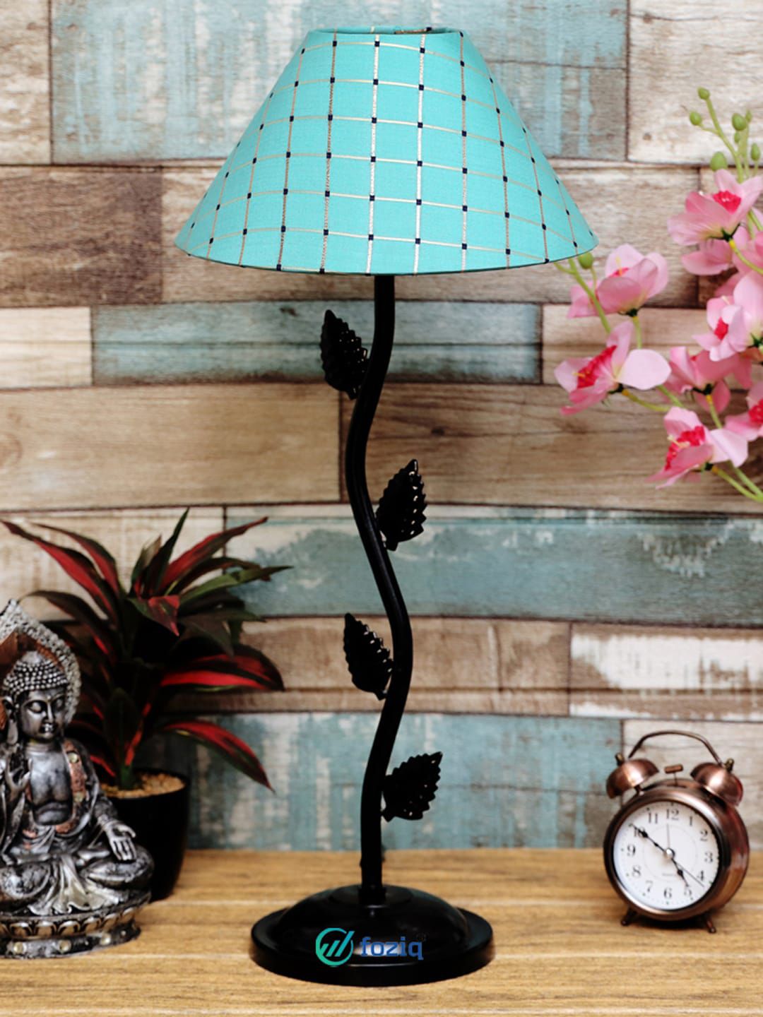 foziq Black & Turquoise Blue Printed Metal Country Table Lamp Price in India