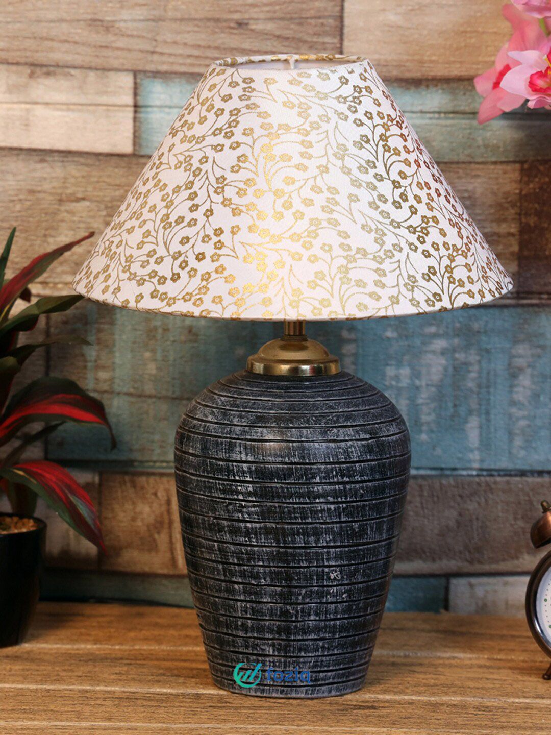 foziq Grey & White Printed Terracotta Table Lamps Price in India