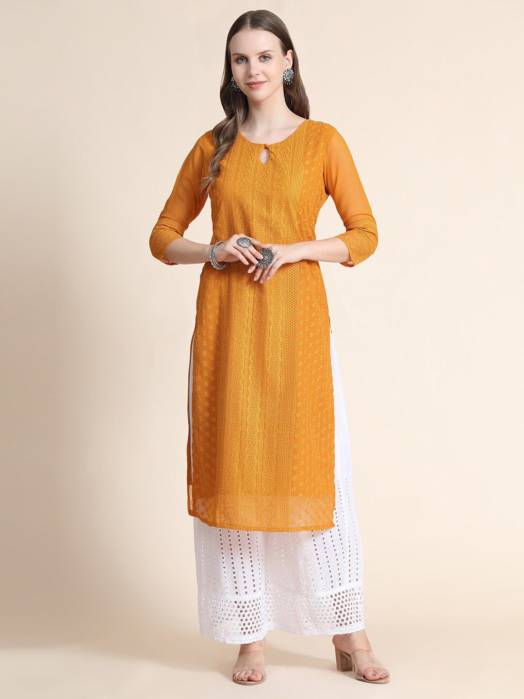 KALINI Women Mustard Yellow Embroidered Georgette Straight Kurta Price in India