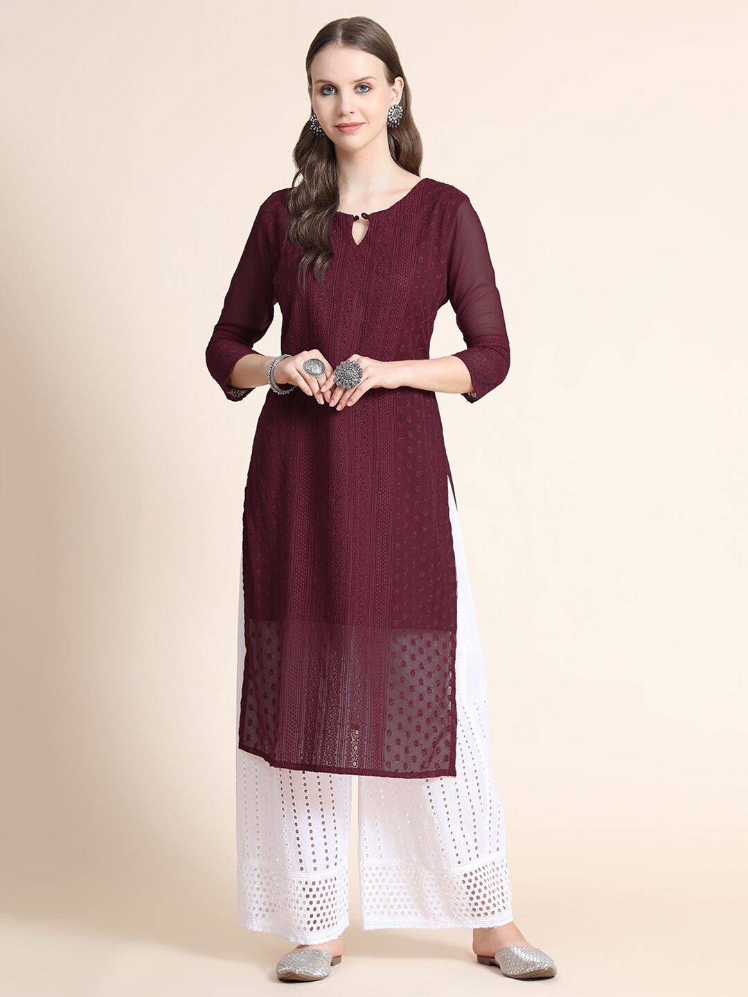 KALINI Women Burgundy Geometric Embroidered Keyhole Neck Georgette Kurta