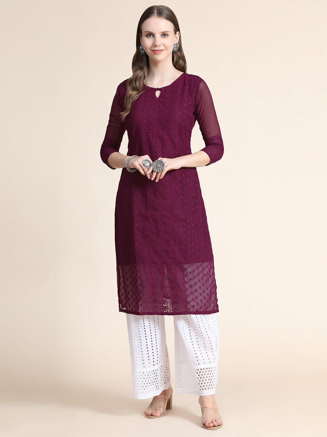 KALINI Women Burgundy Ethnic Motifs Chikankari Kurta Price in India