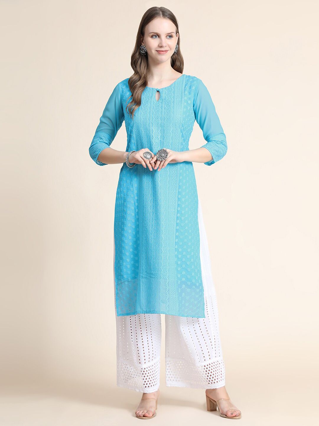 KALINI Women Blue Floral Embroidered Keyhole Neck Georgette Kurta Price in India
